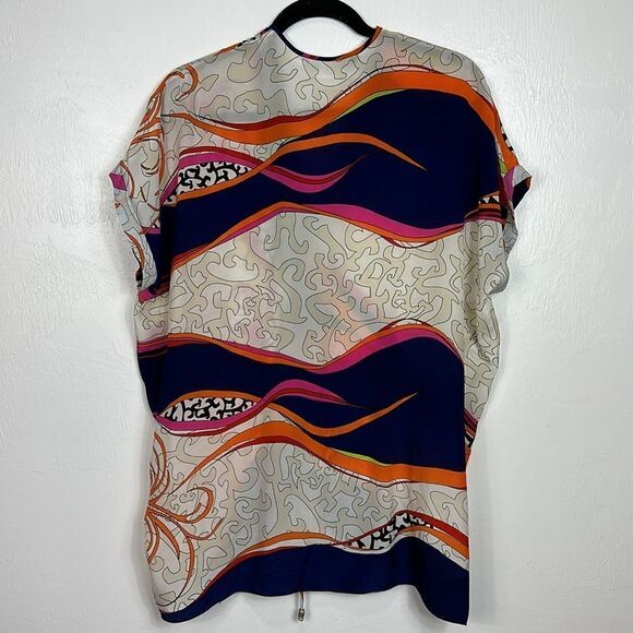 Analili Silk Colorful Short Sleeve Drawstring Relaxed Fit Tunic Top One Size - Picture 3 of 8